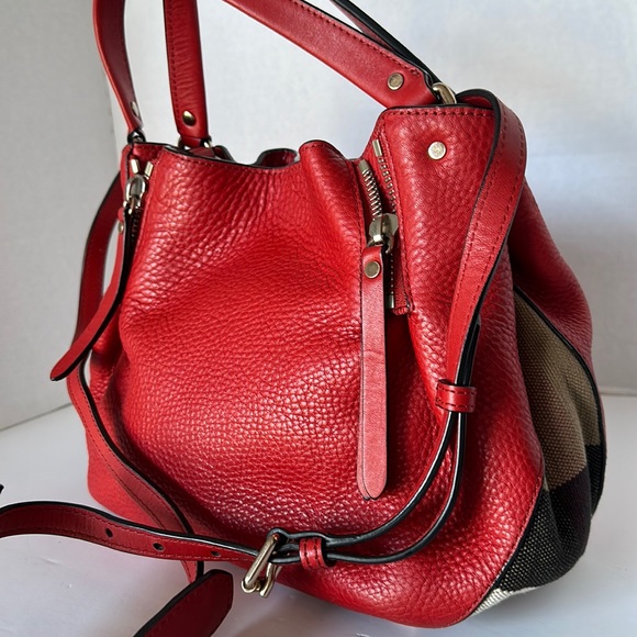 AUTHENTIC MAIDSTONE TOTE LEATHER AND HOUSE CHECK CANVAS RED BURBERRY - Picture 2 of 16